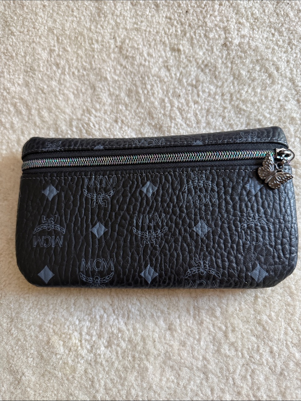 MCM Black Logo Zip Wallet with Butterfly Charm